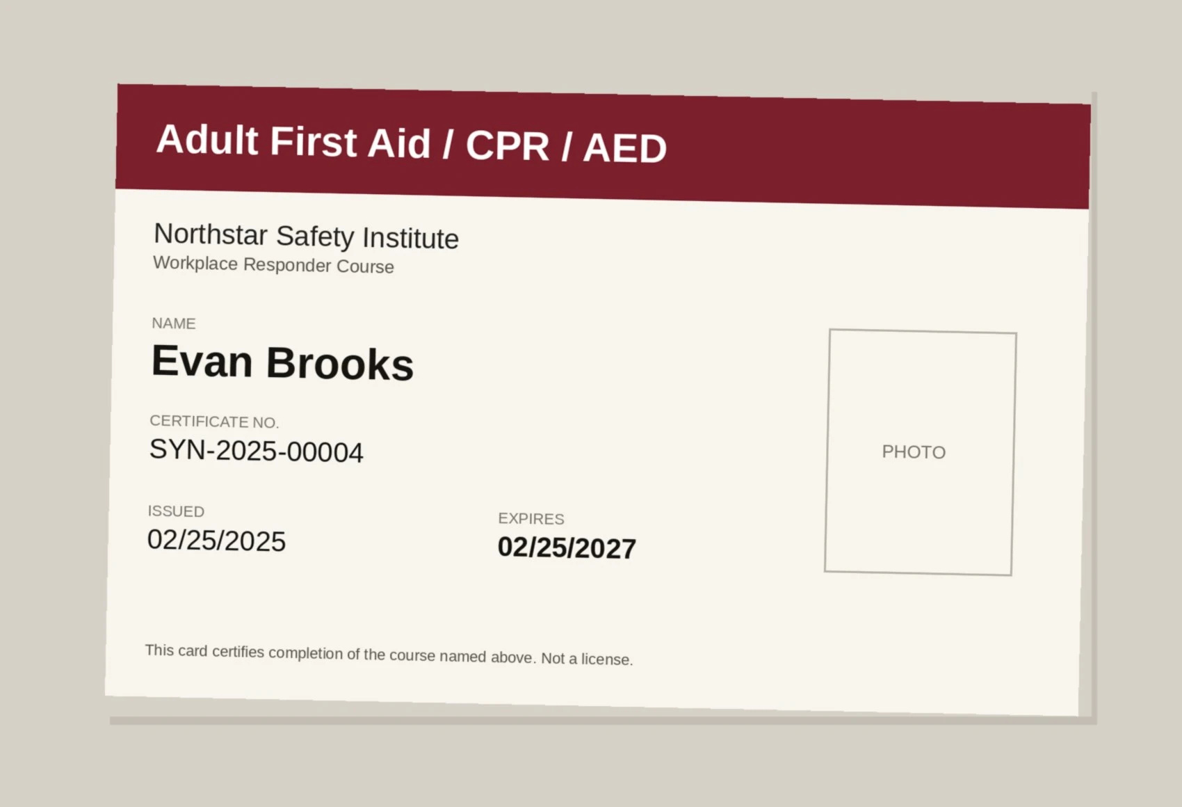 A photo of Evan Brooks's First Aid / CPR card, expiring 02/25/2027.