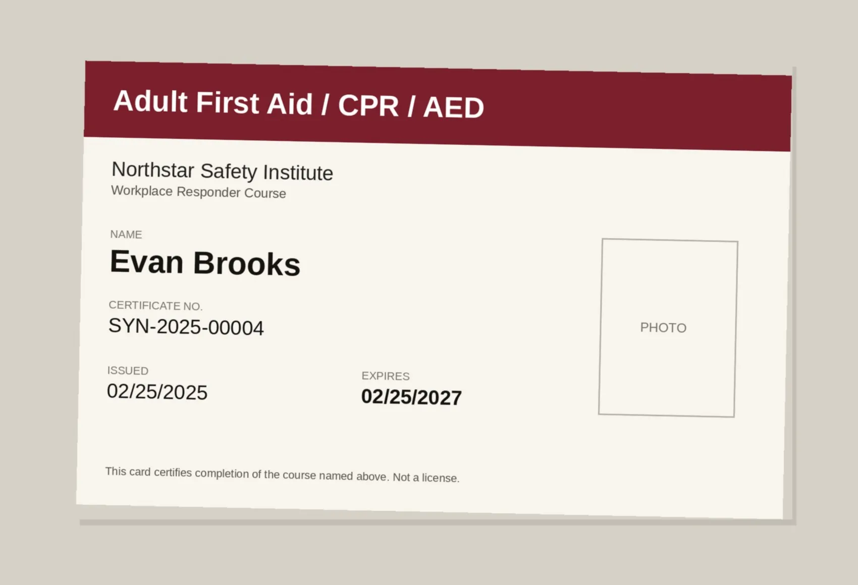 A photo of Evan Brooks's First Aid / CPR card, expiring 02/25/2027.