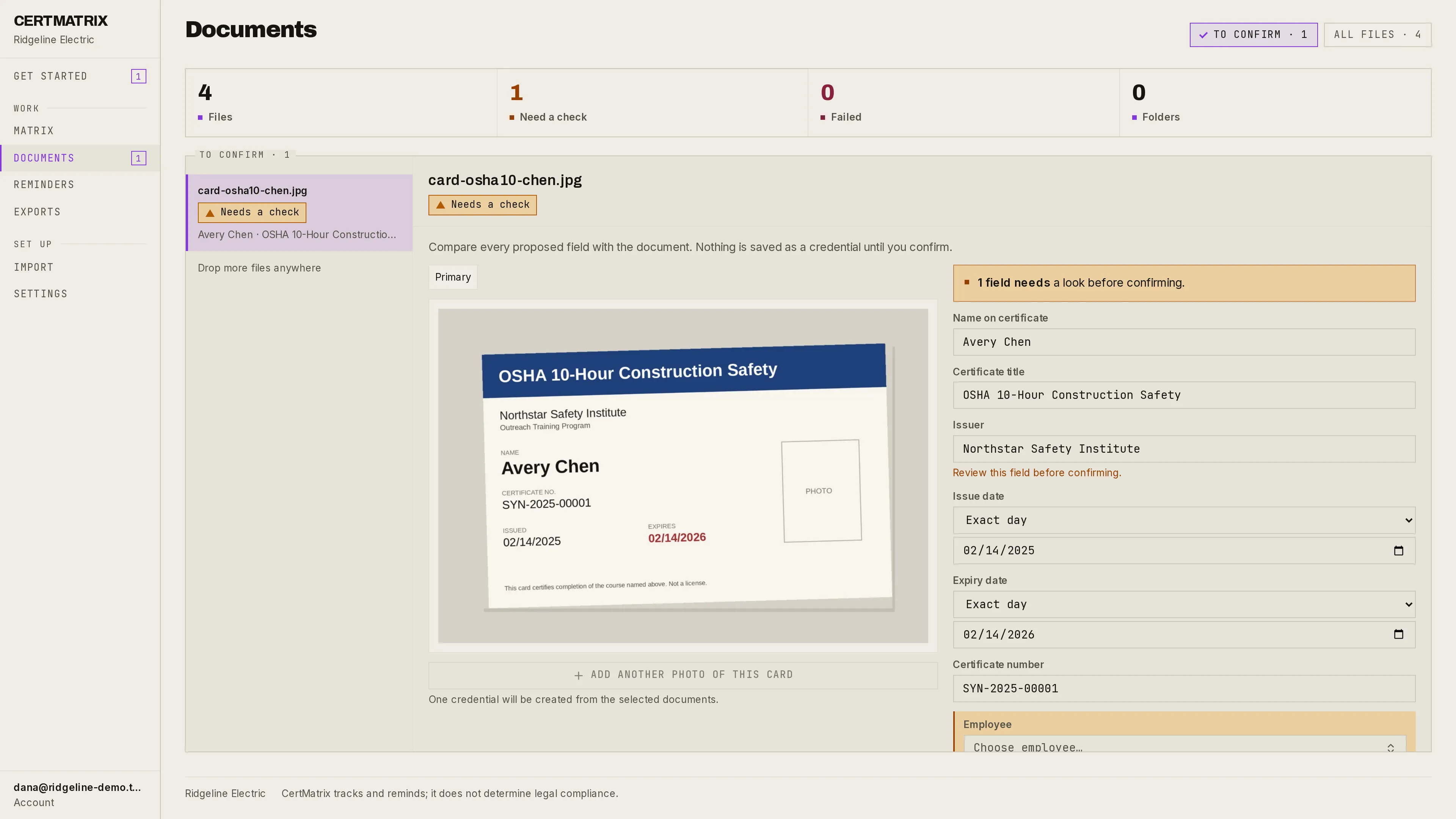 Documents: the card photo on the left, the fields the app read on the right, one field marked for a look before confirming.