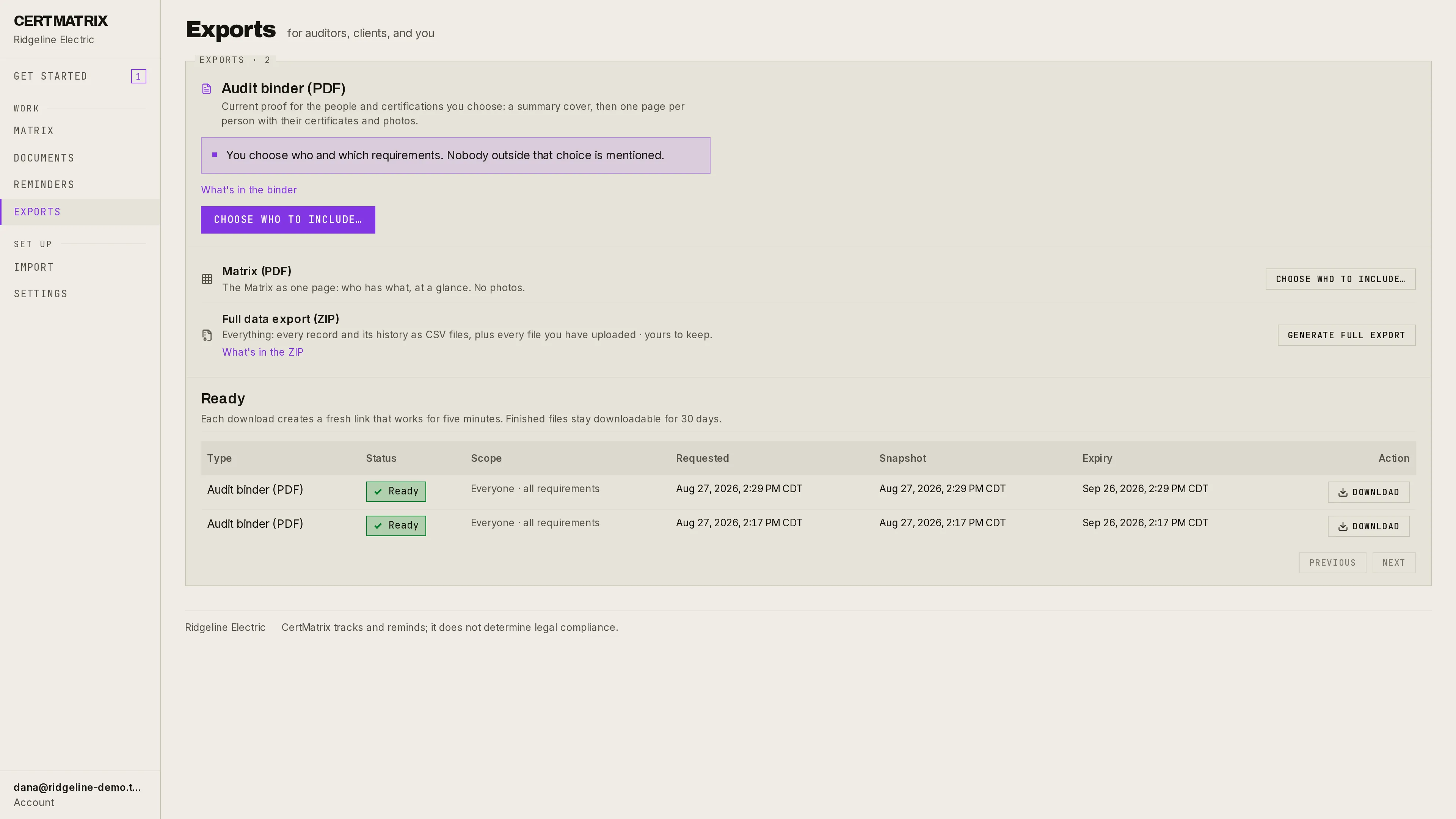 Exports: Audit binder PDF, Matrix PDF, and the full data export ZIP.
